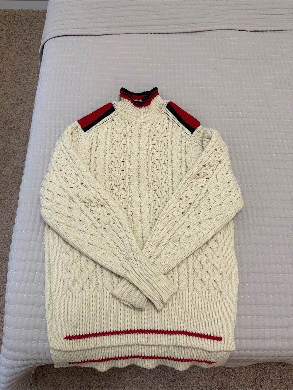 Isabel Marant Cream Cable-Knit Turtleneck Sweater with Red & Black Trim